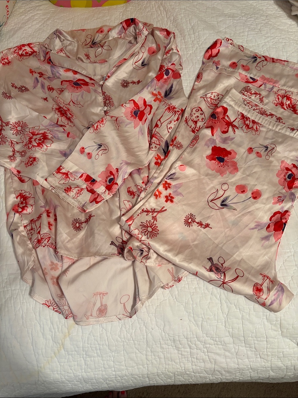 Floral Satin Pajama Set - Pink Red Floral